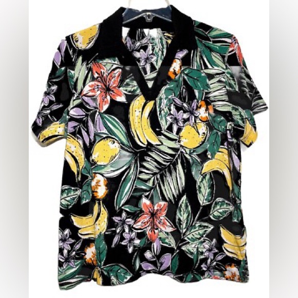 Cuddl Duds Tops - Cuddl Duds Crepe Knit Paradise Polo Top – Floral & Fruit 🌸🍊 QVC Exclusive